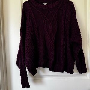 AERIE Burgundy Crew Neck Sweater with Chunky Knit